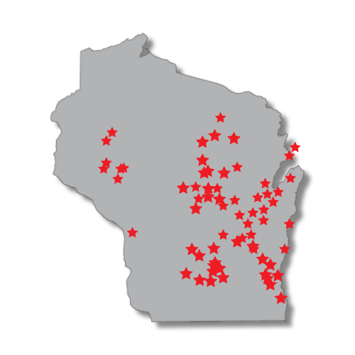 Map of Wisconsin with red stars marking locations.