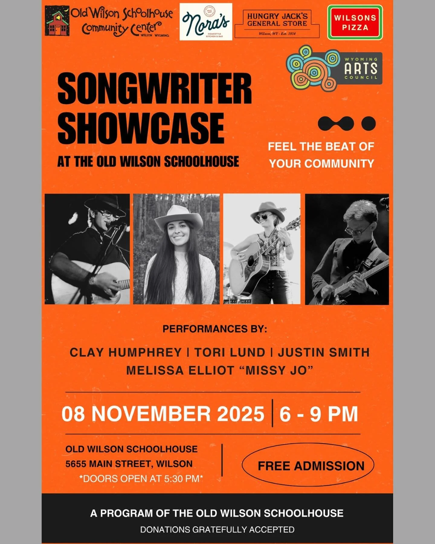 Join us this SATURDAY, NOV 8th at 6PM for our second Songwriter Showcase at the Schoolhouse!

The Songwriter Showcase is a free, family-friendly event you will not want to miss. Our historic Schoolhouse is a unique, intimate venue offering an unforge