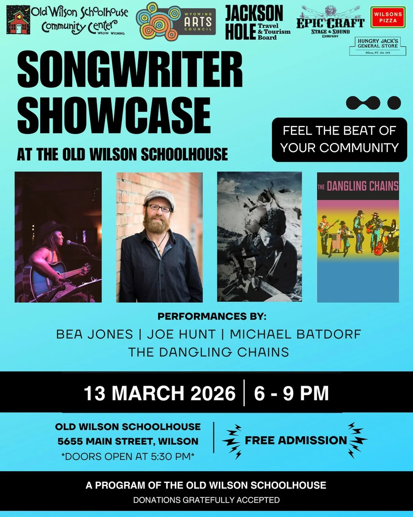 Get ready to tap your feet to the beat of our community! @oldwilsonschoolhouse is thrilled to bring you our 3rd installment of the Songwriter Showcase at the Schoolhouse!

@iambeajones @joehuntmusicmn @michael_g_batdorf and @danglingchains are stoked