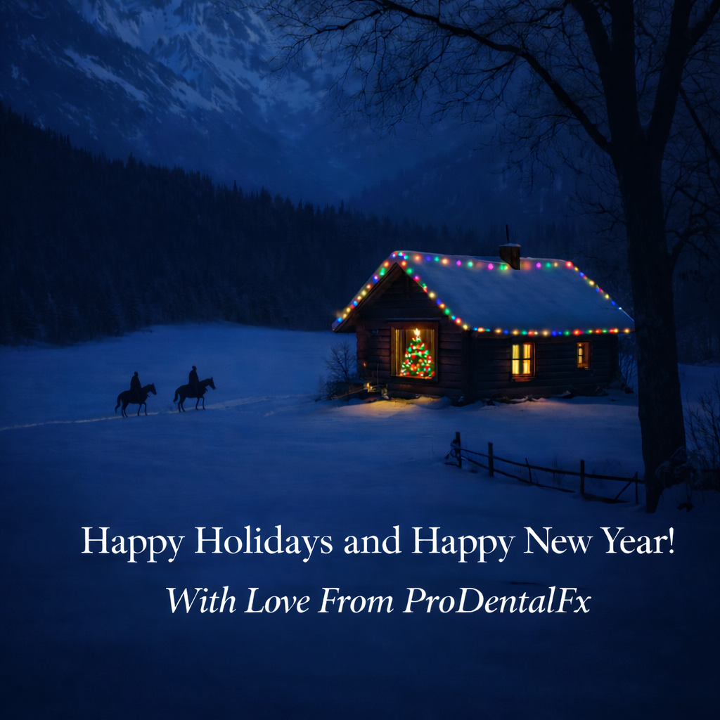 ProDental wishes you Happy Holidays and Happy New Year!! country cottage with Christmas lights and horse riders. :)