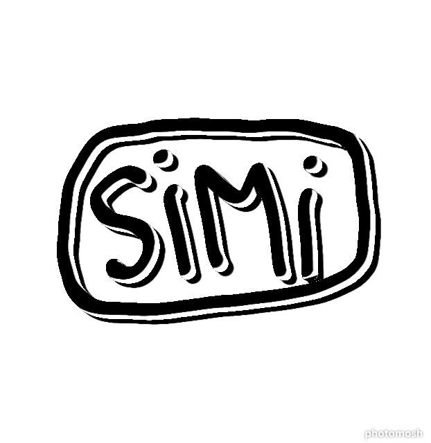 Schwarze Umrisszeichnung mit dem Wort "SiMi" in handschriftlichem Stil in einem unregelmäßigen ovalen Rahmen.