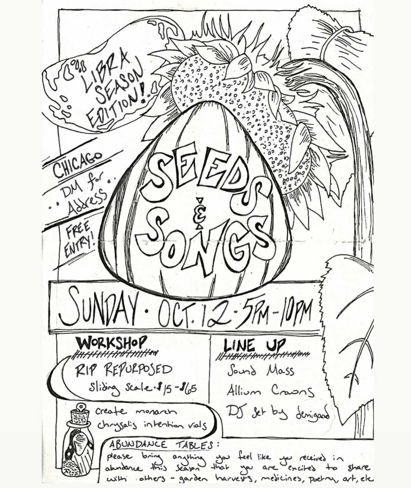 Seeds &amp; Songs 🌱 Libra Edition ♎️
Sunday, Oct. 12 | 5 - 10 PM
📍 DM for location

Celebrate music, harvest, abundance, &amp; queer community under Libra skies for Sal&rsquo;s bday @la.tormenta.12 🌿🧡 

Lineup:
🎵 5:30&ndash;6:30 - Sound Mass ft.