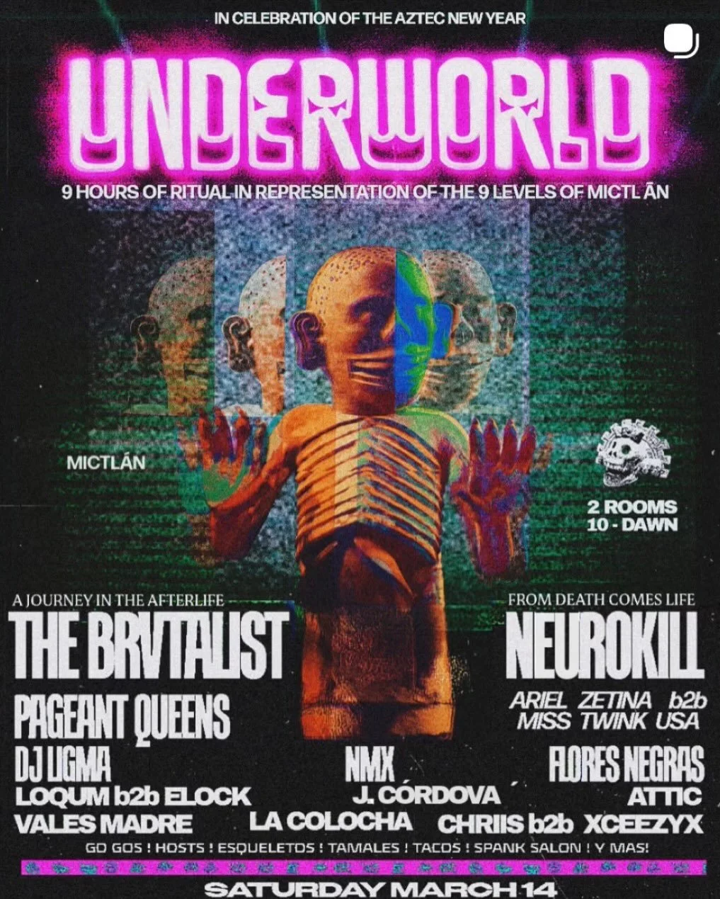 Aztec New Year Celebration: UNDERWORLD 🔥🔥🔥 with @mictlan_productions

🪶Vendors 🪶
 @chicoatli
 @nationsmusic 
@rip.repurposed 

THIS WEEKEND 3/14 🦇 Lots of heavy hitters to stomp to, treats to indulge in, and artisan creations to remember your j