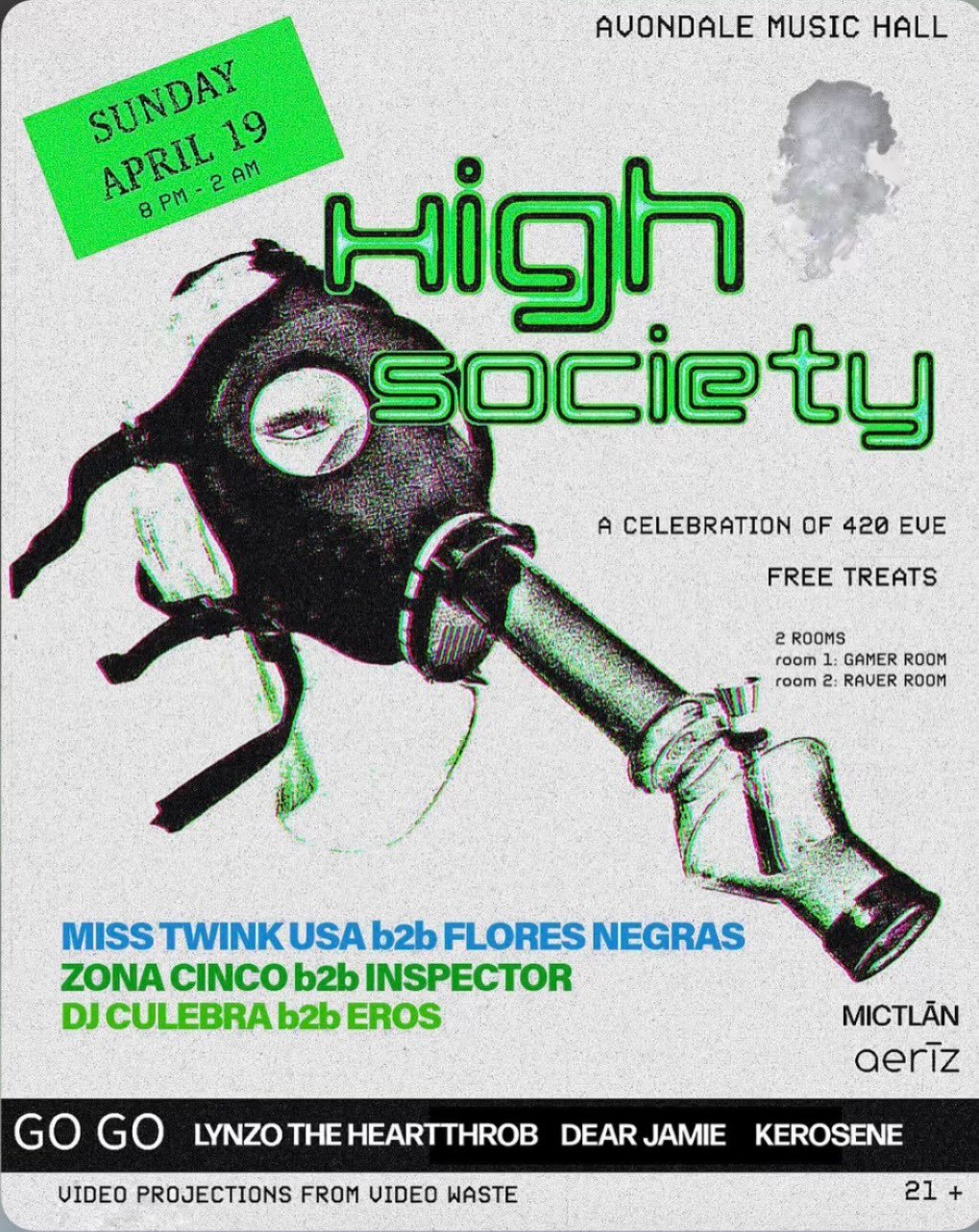 PUFF PUFF PASS 💨420 EVE 💨
WE GETTING ELEVATED WITH @aerizusa
&amp; @mictlan_productions THE STONER HOLIDAY💚

Giving out FREE treats 😉 all night long
From @aerizusa with @drdabber &amp; @stundenglass

On decks 💨💨💨
@misstwinkusa b2b @flores_negr