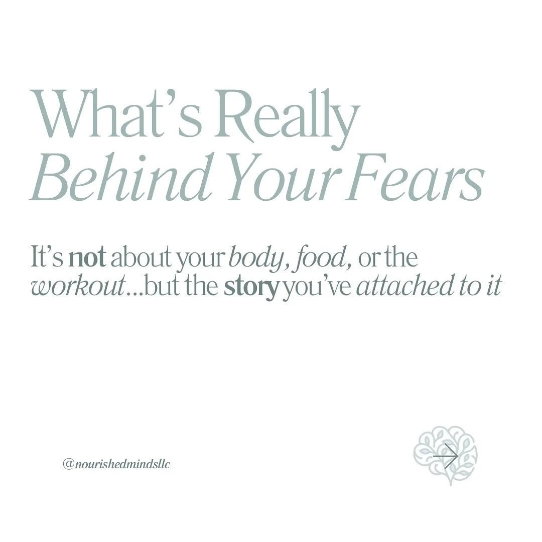 In session, I hear a lot of fears around food, body, and exercise.

But most of the time, it&rsquo;s not about the thing itself,  it&rsquo;s about the meaning that&rsquo;s been attached to it.

Examples: &ndash; Gaining weight &rarr; Being judged or 