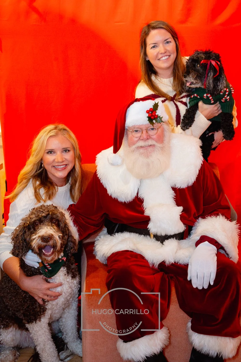 A woman and a girl sitting with Santa Claus and two dogs at a Christmas event. The woman and girl are smiling, the Santa is dressed in a red suit with white fur trim and holly decorations, and one dog has a Christmas sweater, while the other is being