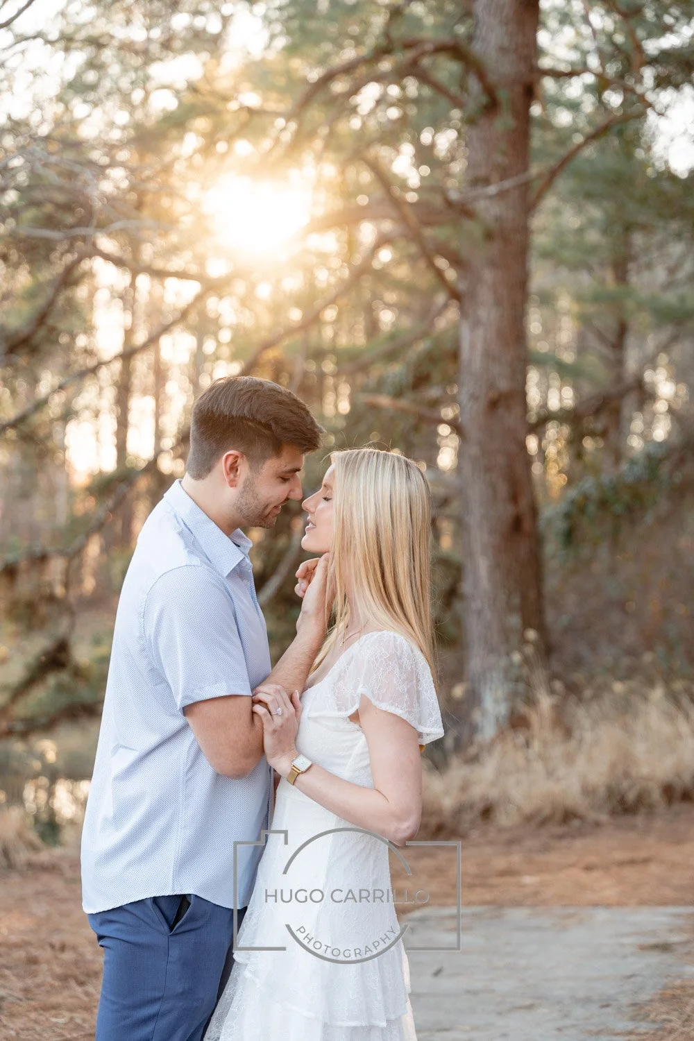 A couple stands close together in a forest, with sunlight filtering through tall trees in the background, sharing an intimate moment.
