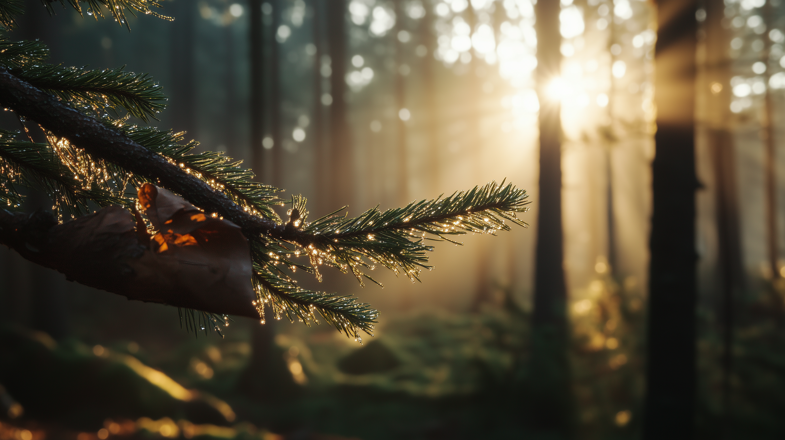 Close-up of a pine branch catching sunlight in a foggy forest during sunrise.