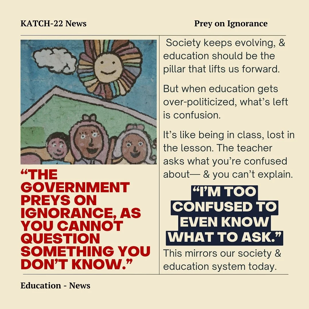 Everyone knows that moment in class when confusion strikes, leaving you unsure of what to ask🤷&zwj;♀️🤷&zwj;♂️ 
This reflects our daily lives and how our society has been structured over time⏳
.
.
#Katch22 #EducationEpidemic #LiteracyCrisis #Awarene