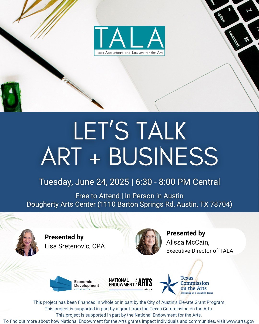 TOMORROW 💥 Join CPA Lisa Sretenovic and TALA Executive Director Alissa McCain as they dive into some of the most frequently asked questions TALA receives from visual artists. 

Whether you're just starting out or looking to strengthen your foundatio