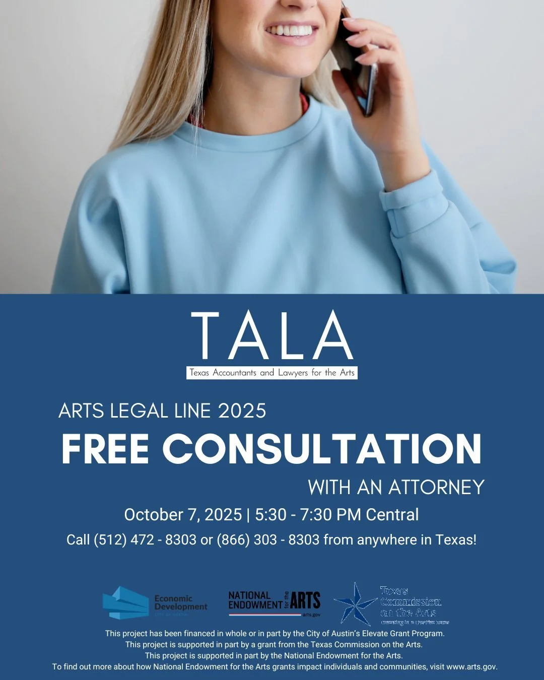 Our next Arts Legal Line is in two weeks on Tuesday, October 7!

Call from anywhere in Texas for a free consultation with an attorney.