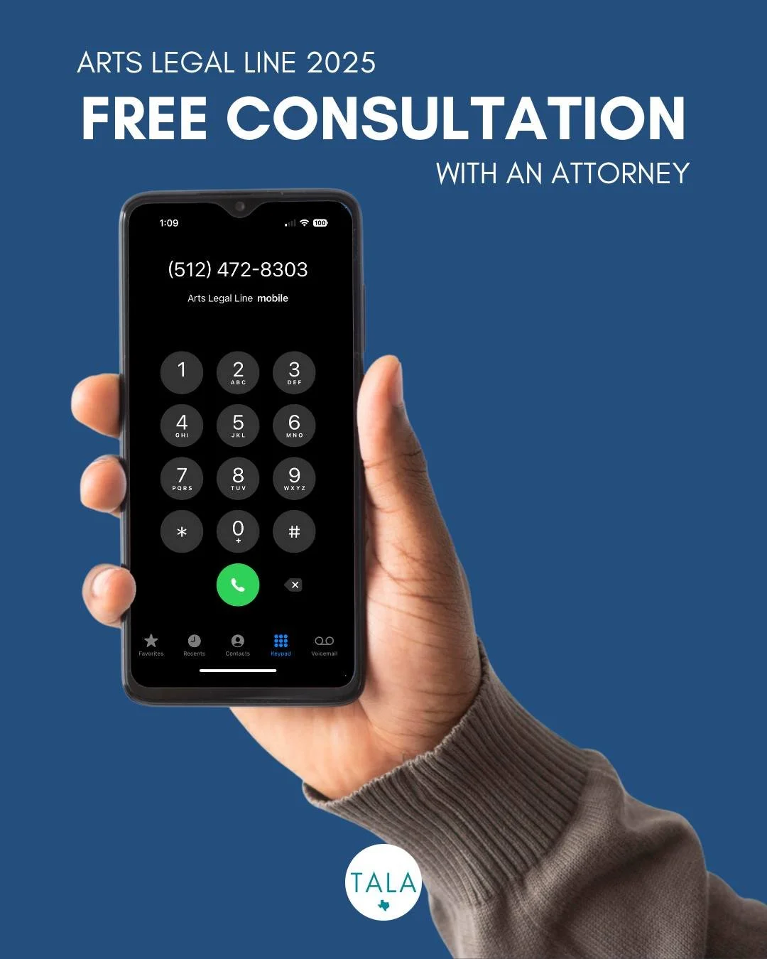 Next week on Tuesday, October 7 you have the opportunity to call in for a free consultation with an attorney.

Call 512-472-8303 or 866-303-8303 between 5:30 and 7:30 PM to join the Arts Legal Line! 🤳