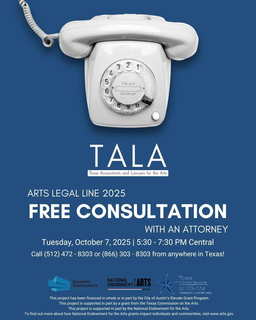 TONIGHT 💥 From 5:30 to 7:30 PM this evening, you can call 512-472-8303 or 866-303-8303 with your arts-related legal question and speak to an attorney FOR FREE.

Share this with someone who could use some help taking care of business!