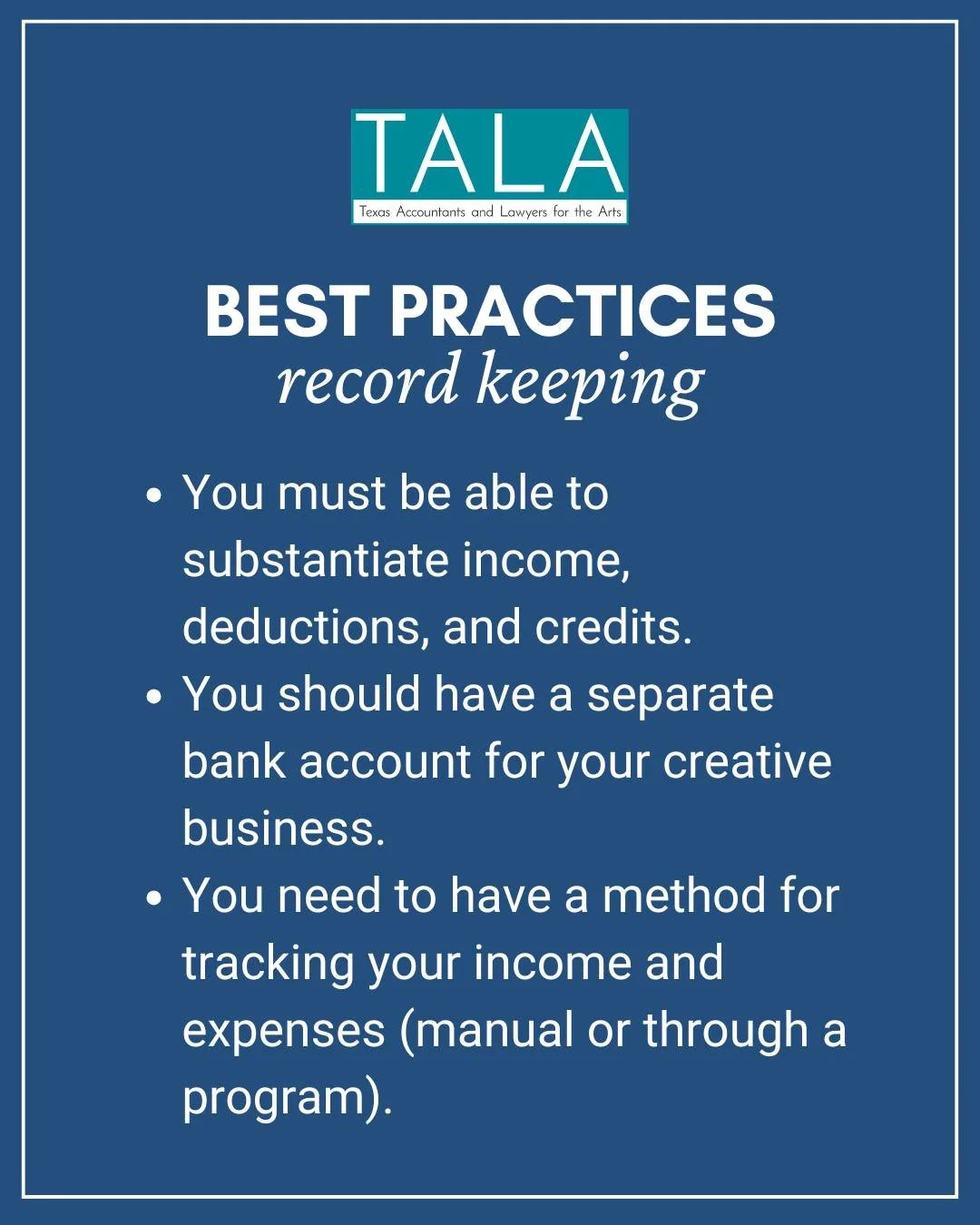 We&rsquo;re nearing the end of the year, and 2025 taxes will be due before you know it! Make sure that you stay on top of your books to make this tax season a breeze. 

Need some reminders, or helpful hints? Not to worry, TALA has a slate of programm