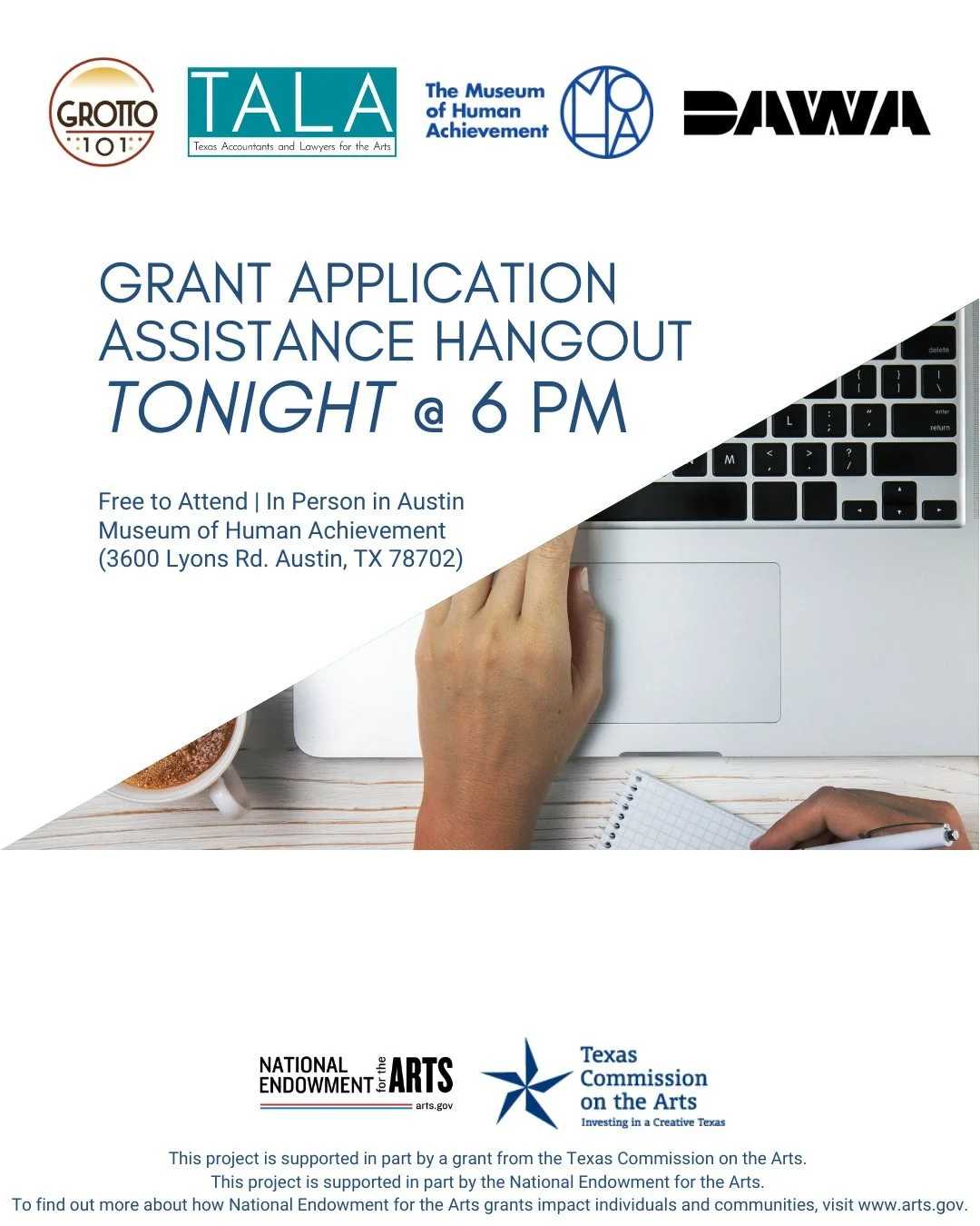 The @themuseumofhumanachievement is hosting a Grant Application Workshop TODAY at 6:00 PM at their building. Today&rsquo;s workshop will be a general overview of this year&rsquo;s City of Austin grants!

Please bring a laptop or tablet to work on, an