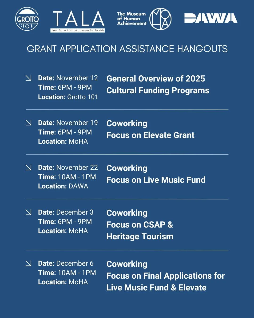 South Austin... we're coming to you! Are you an individual or organization seeking assistance with applying to applying to the City of Austin Art, Culture, Music, and Entertainment (AACME) Funding Programs. 

Tonight&rsquo;s workshop at @grotto101lab