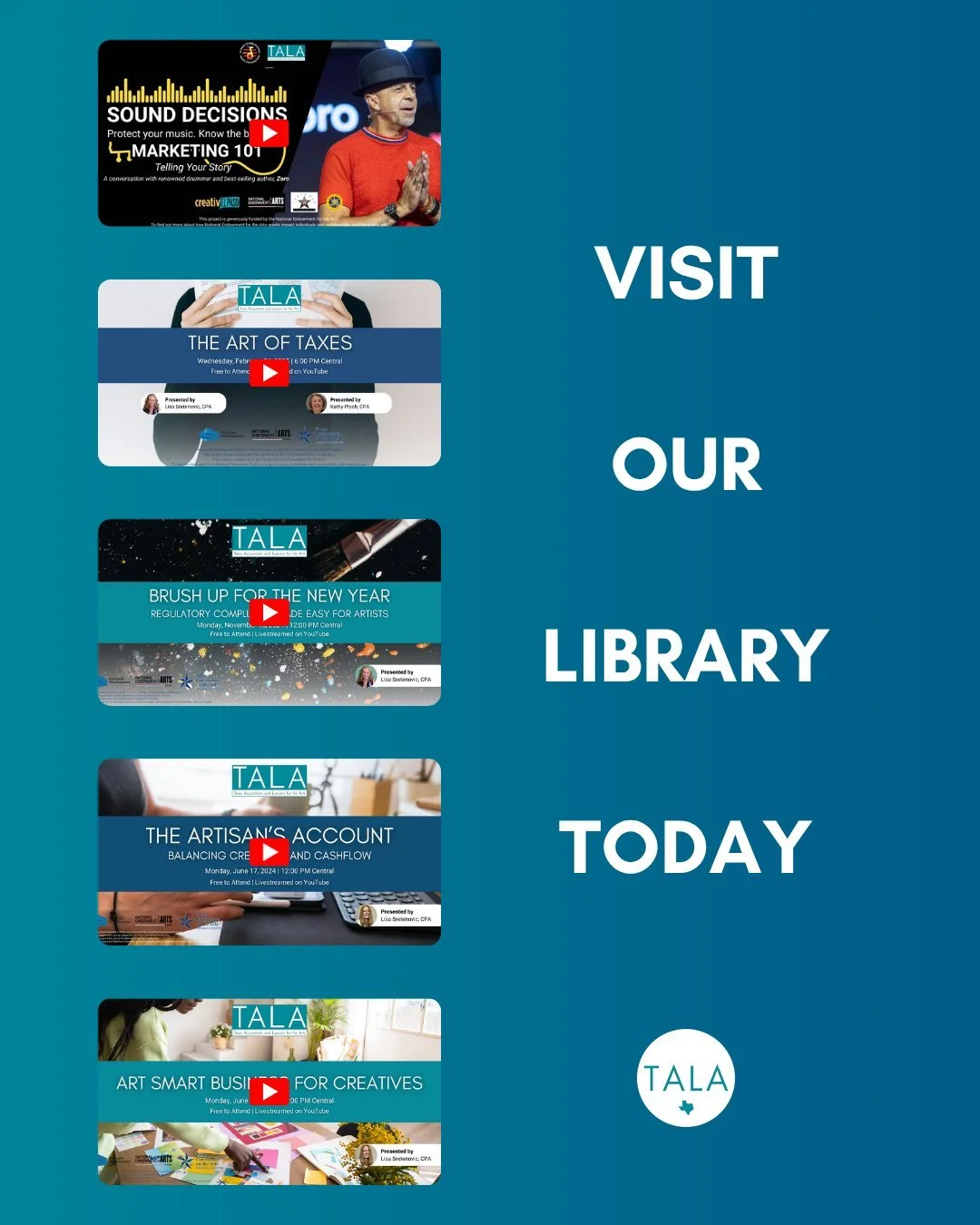 Visit the TALA Library! Our YouTube channel contains a wealth of full-length educational seminars at your fingertips for FREE.