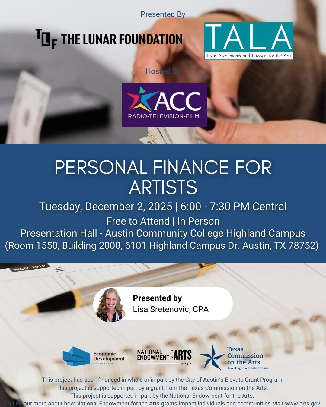 Hey Austin 🗣️ Next week, transform your approach to money so it becomes less of a stress point and more of a practical tool for reaching your creative goals. Join CPA Lisa Sretenovic as she introduces a simple money management system to bring clarit