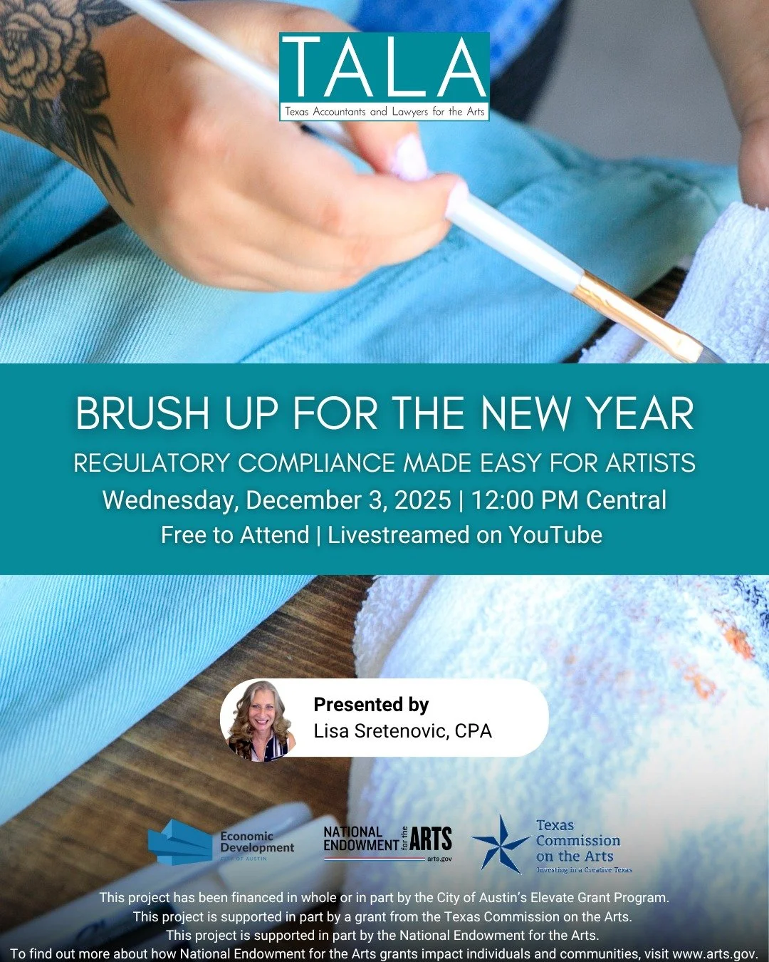 Listen up, artists! 📣 2026 is around the corner, so it&rsquo;s the perfect time to brush up on all of the knowledge you&rsquo;ll need to be compliant with taxes and reporting. Join TALA&rsquo;s resident CPA Lisa Sretenovic for an engaging webinar. P
