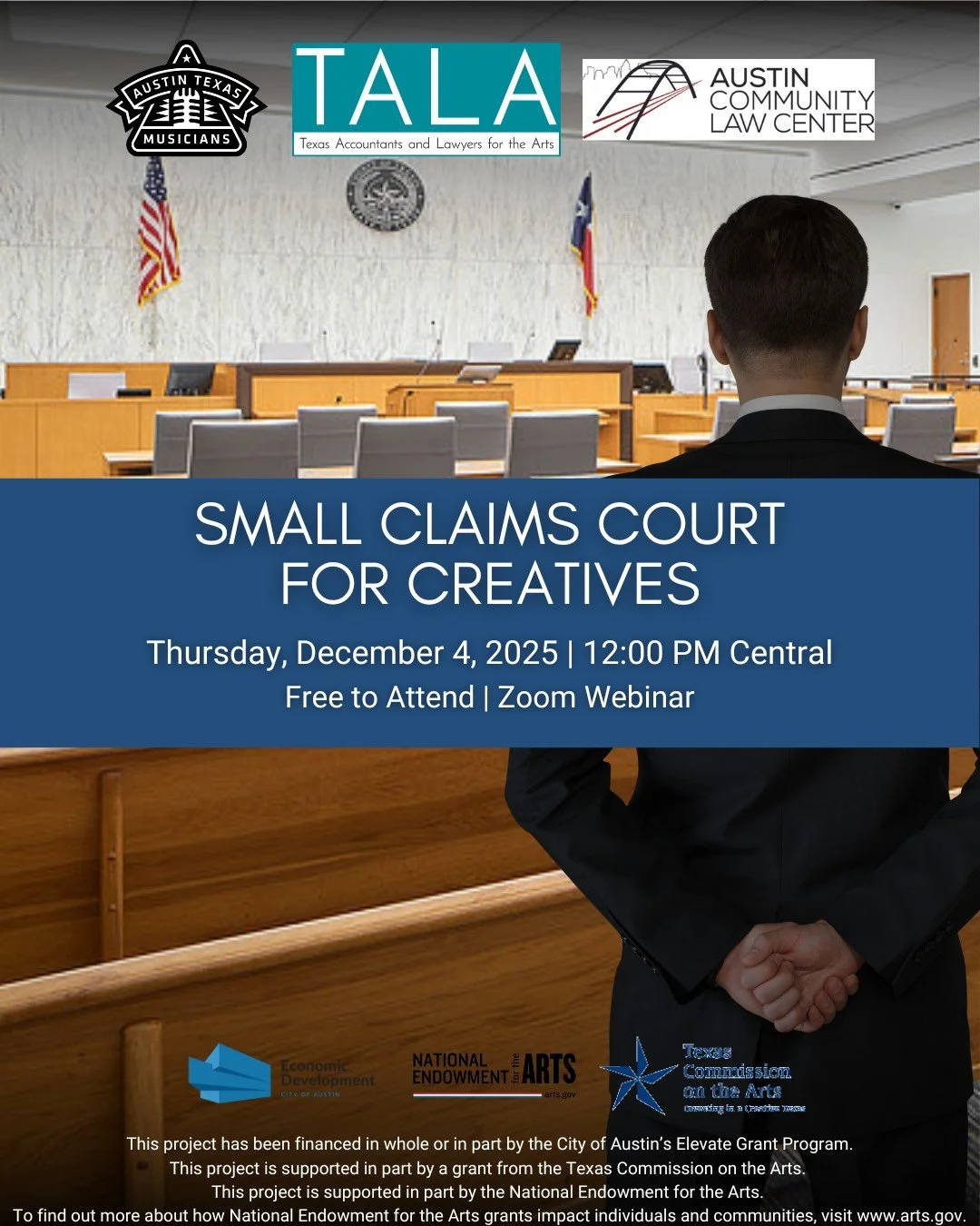While TALA doesn&rsquo;t litigate for our members, we frequently hear from artists looking for guidance on advocating for themselves. 

Join TALA, Austin Community Law Center, and Austin Texas Musicians for a webinar on representing yourself in small
