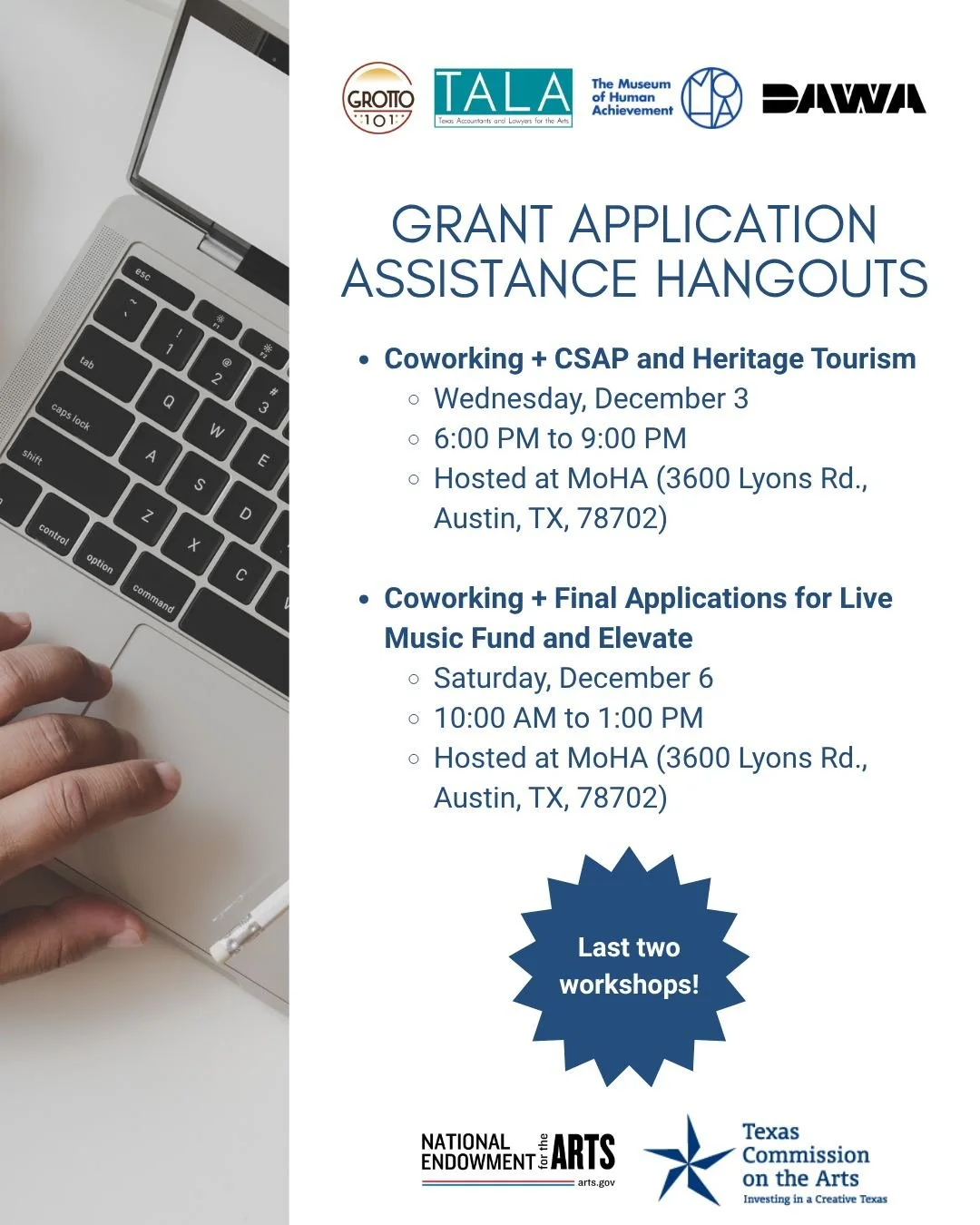 Final workshops! 💥 @themuseumofhumanachievement is hosting the final two workshops of the Grant Application Assistance Hangouts THIS WEEK. You can join us on Wednesday or Saturday this week to work on your grant applications. 

We hope to see you th