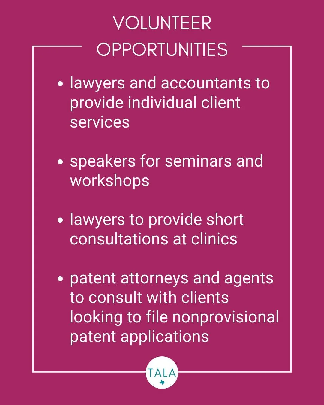 Looking for ways to make a difference in the new year? 🎇 TALA is recruiting lawyers to join our amazing team of volunteers for 2026. Sign up to receive our notice of available cases sent approximately every two weeks. If a case sparks your interest,
