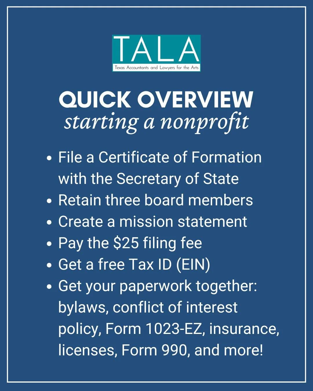 Are you ready to start a nonprofit organization? Here&rsquo;s an overview of everything you&rsquo;ll need to get started. This information comes from our webinar &ldquo;Starting An Arts Nonprofit: Will a charitable organization fit your goals and nee