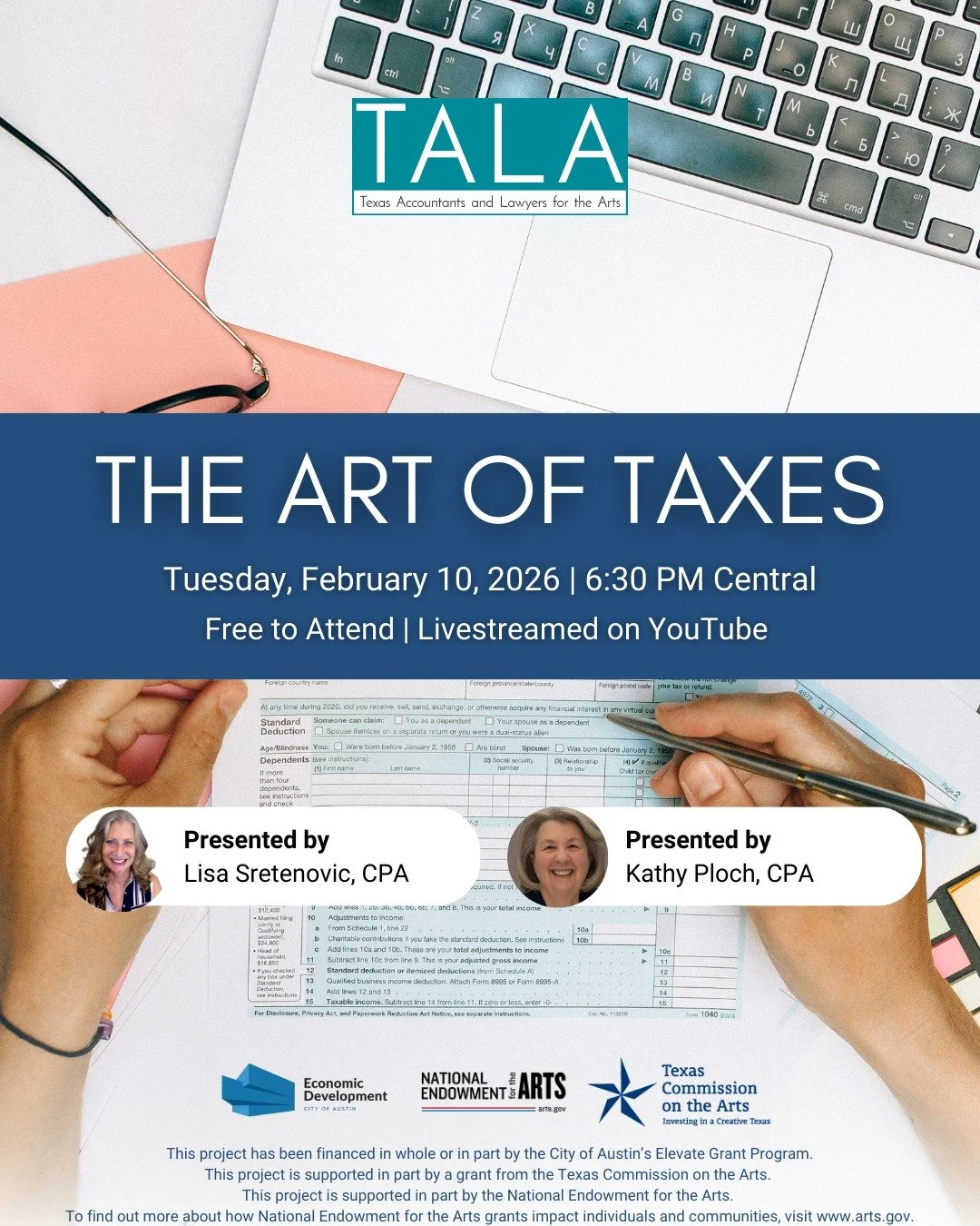 Back by popular demand! ✨ For the ELEVENTH year in a row, we are excited to bring you The Art of Taxes, a tax seminar structured with artists in mind.

During this livestreamed event, CPAs Lisa Sretenovic and Kathy Ploch will walk you through your ta