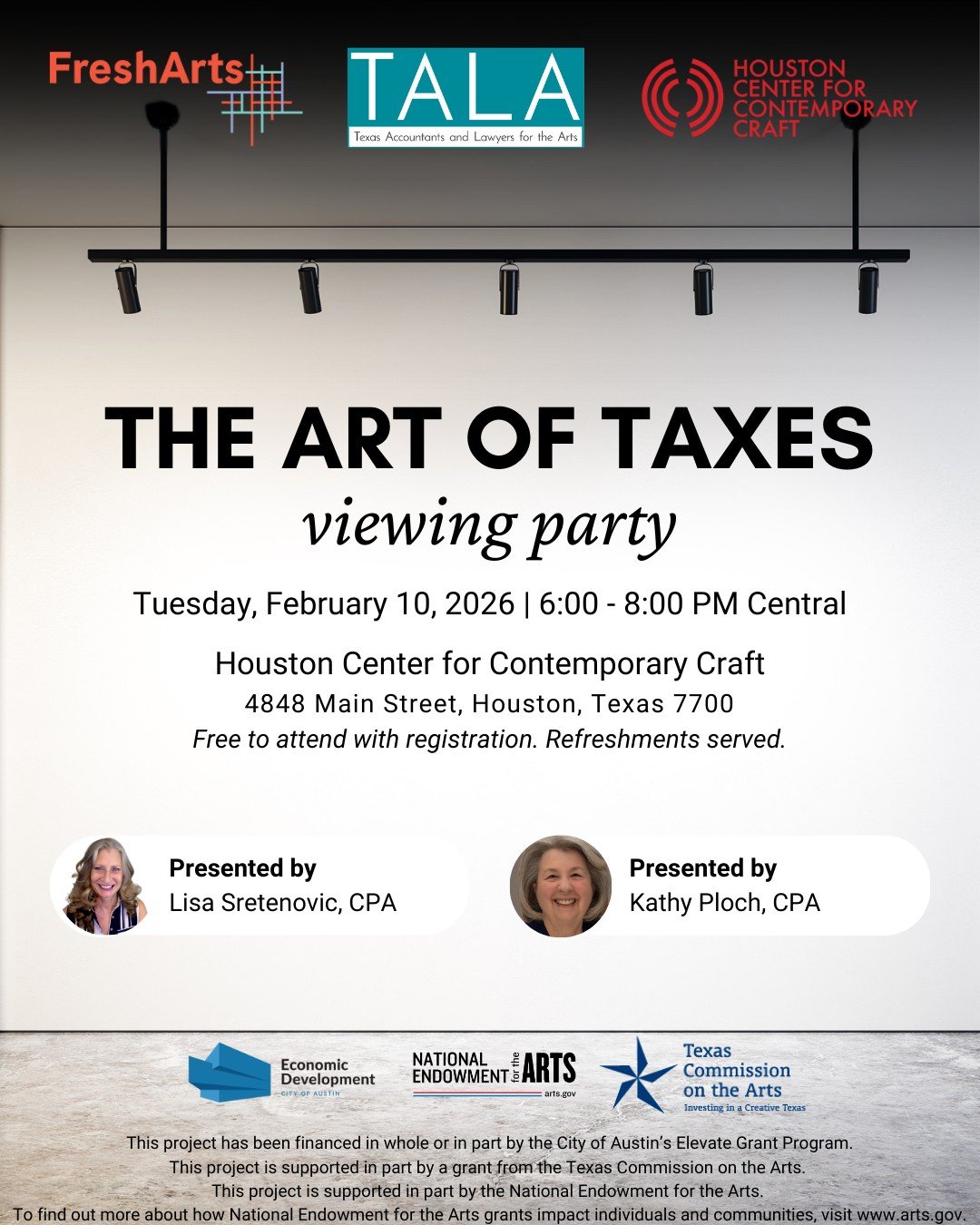 Attention Houston Artists! 🗣️ Our friends @crafthouston and @freshartsorg are hosting a watch party for next week&rsquo;s livestream of The Art of Taxes! 

Enjoy refreshments, and connect and network with fellow artists, while CPAs Kathy Ploch and L