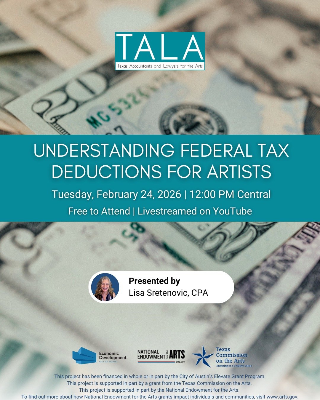 Are you ready to save some money? 💸 As a component of the 2026 Art of Taxes program, TALA will offer a dedicated workshop addressing federal tax deductions common to artistic and creative practices. 

This practical online workshop covers federal ta