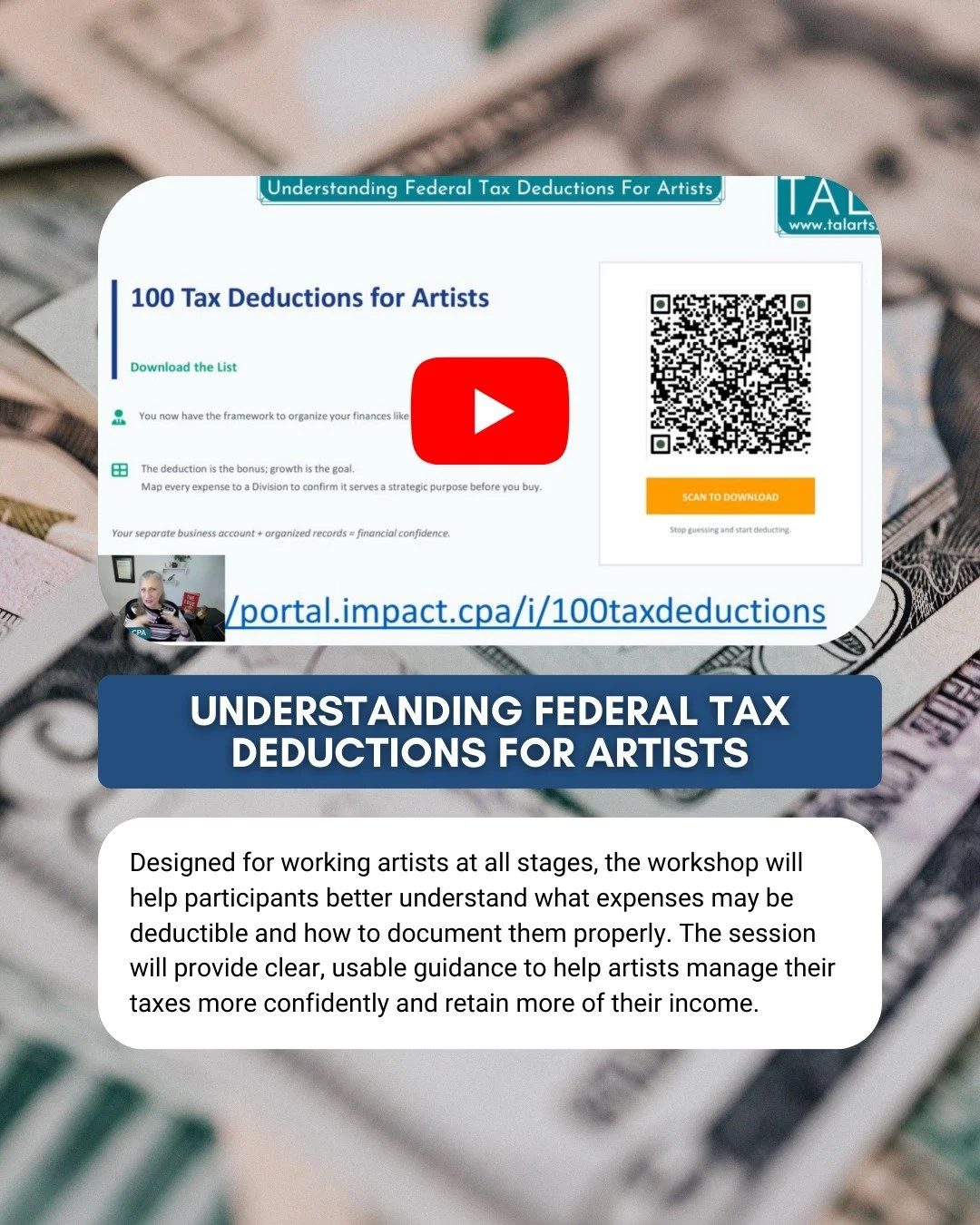 Did you miss &ldquo;Understanding Federal Tax Deductions for Artists&rdquo;? Well, it&rsquo;s not too late! Check out the replay now on our YouTube channel. Link in bio!
