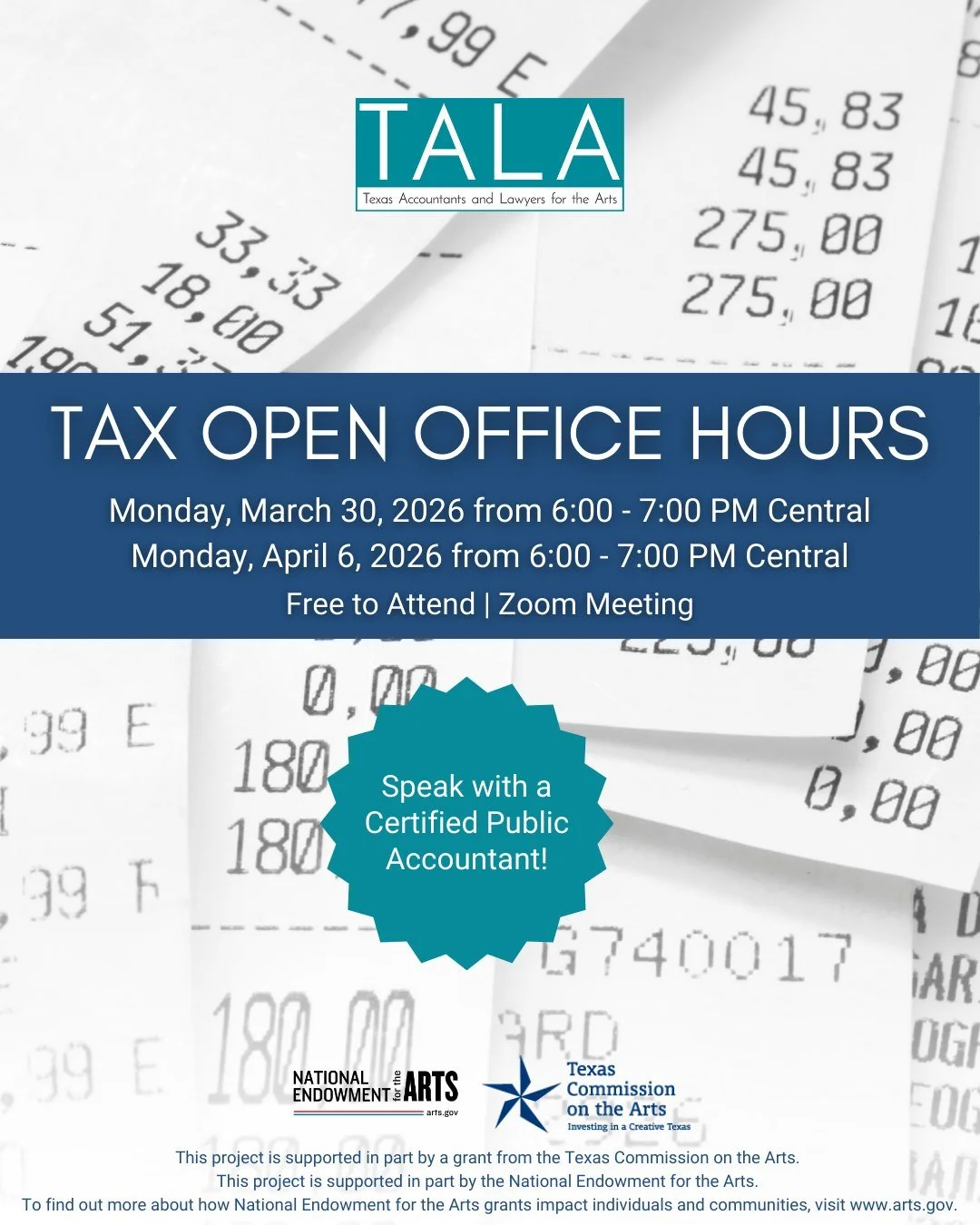 Questions about filing your personal tax return? Mark your calendars for TALA&rsquo;s Tax Open Office hours where you can ask a Certified Public Accountant for their advice at no charge.

Zoom links can be found at the link in our bio! 💙