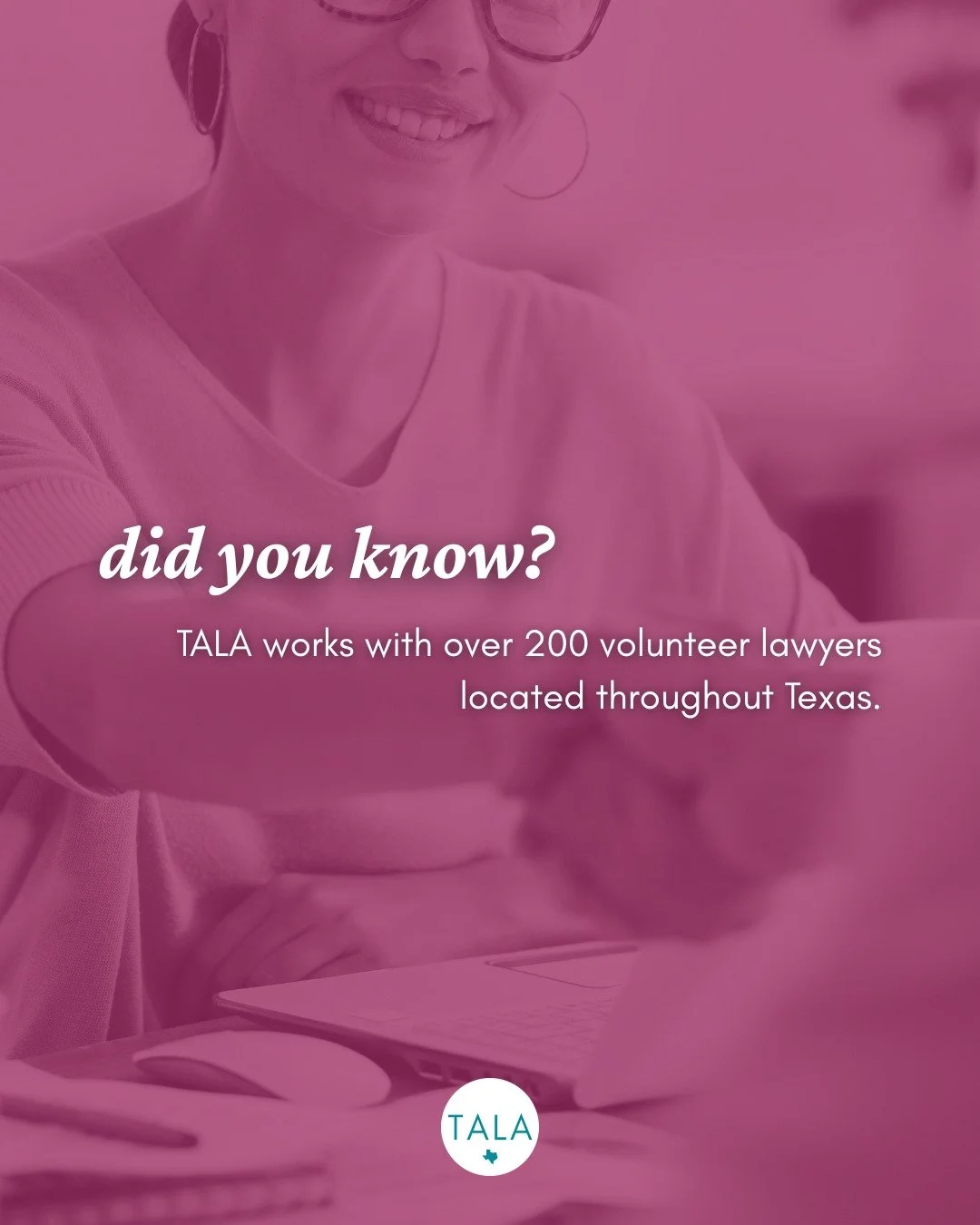 TALA works with over 200 volunteer lawyers each year all over Texas - but we could always use one more. 👀

Learn more about our opportunities to volunteer at talarts.org/volunteer