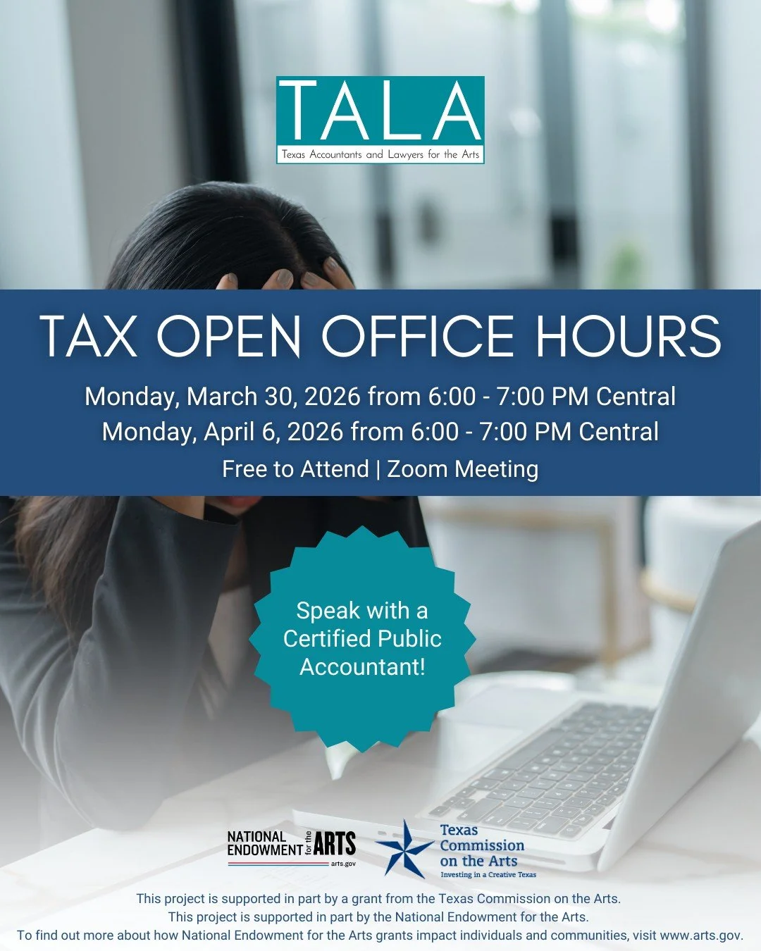 Don&rsquo;t forget! Join us next week for TALA&rsquo;s Tax Open Office Hours, where you can ask an accountant all of your pressing questions about your taxes.

Zoom links available at the link in our bio!