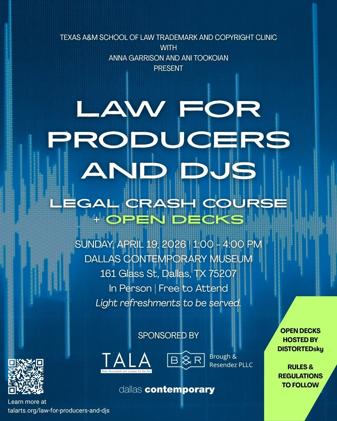 DFW Producers and DJs 🗣️ Texas Accountants and Lawyers for the Arts is proud to co-sponsor Law for Producers and DJs, presented by the Texas A&amp;M University School of Law Trademark and Copyright Clinic.

Join us on Sunday, April 19 in person at @