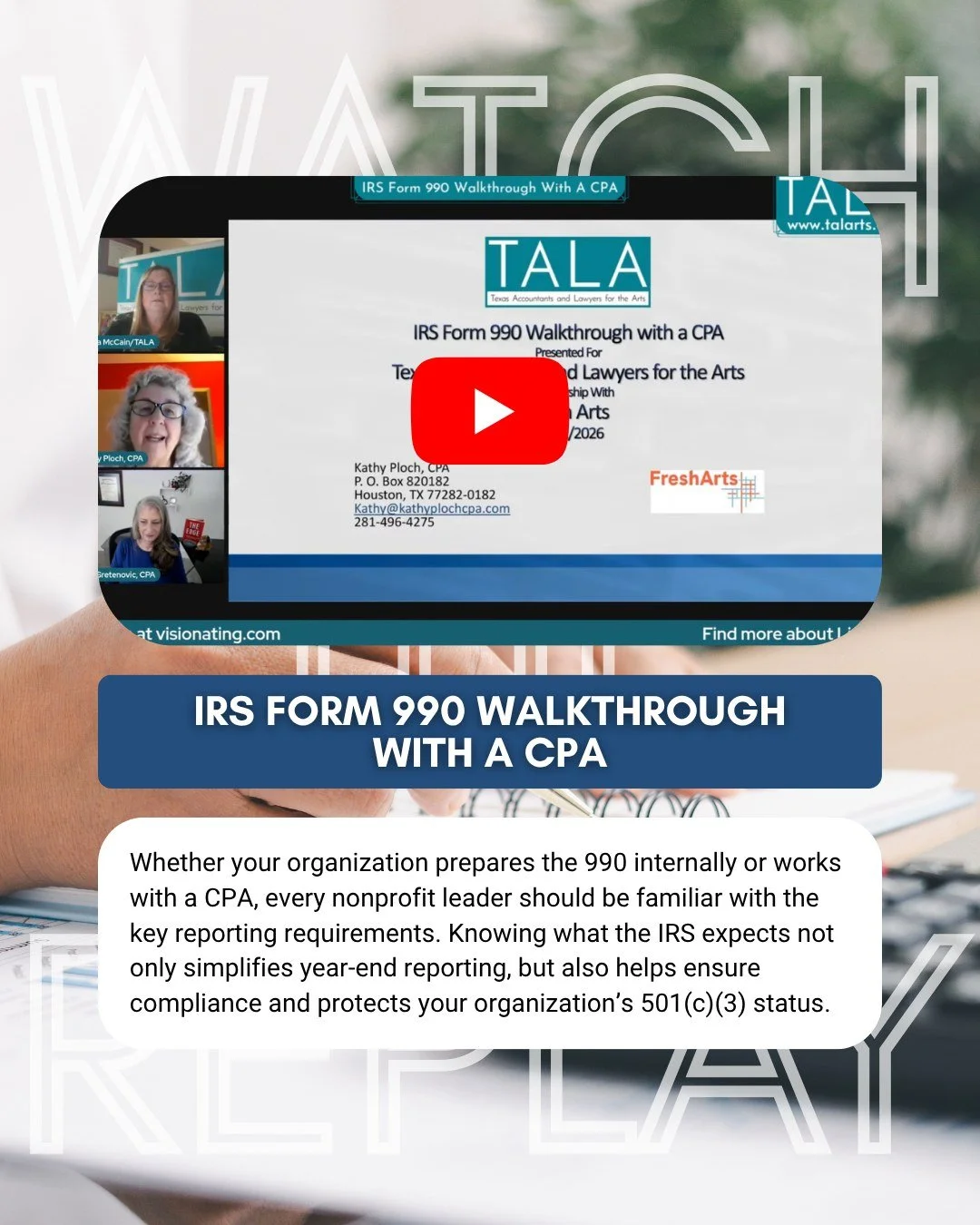 Did you miss The Nonprofit Essentials Learning Series this week? Not to worry, CPA Kathy Ploch will still be able to walk you through IRS Form 990 on our YouTube channel! 

Curious about how to set up your bookkeeping to support accurate 990 reportin