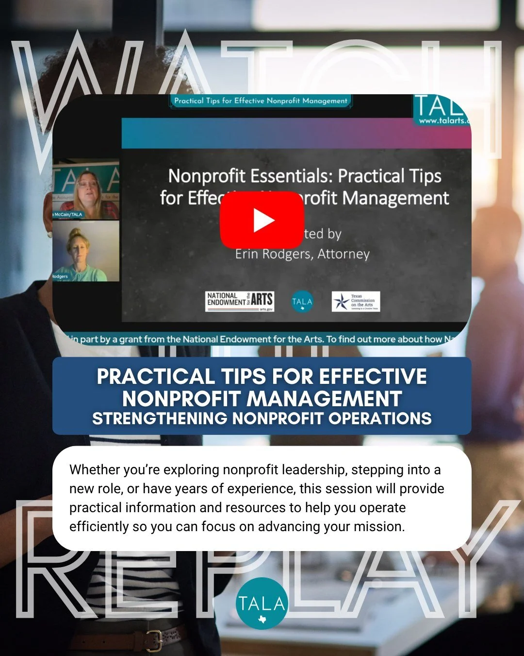 Did you miss yesterday&rsquo;s webinar &ldquo;Practical Tips for Effective Nonprofit Management&rdquo;? Did you miss the other sessions of the Nonprofit Essentials Learning Series?

Not to worry, you can access all three of the recordings on our YouT
