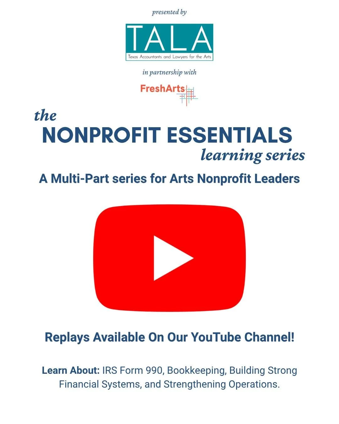 Did you miss the Nonprofit Essentials Learning Series? Not to worry, you can watch replays of the webinars on our YouTube channel: https://www.youtube.com/@talaoffice/streams