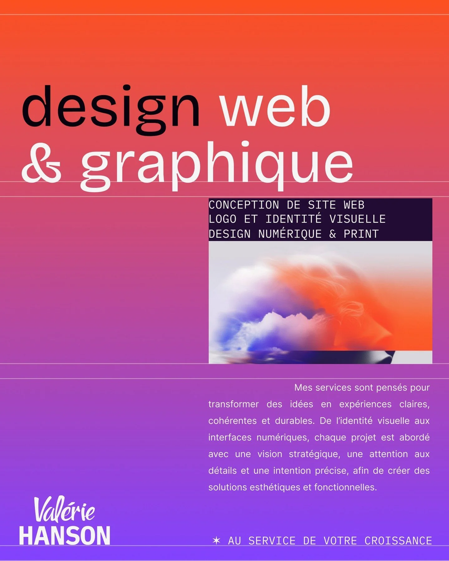 Transformer des id&eacute;es en exp&eacute;riences visuelles claires, coh&eacute;rentes et durables. 

De l&rsquo;identit&eacute; de marque aux interfaces num&eacute;riques, chaque projet est abord&eacute; avec une vision strat&eacute;gique, une atte