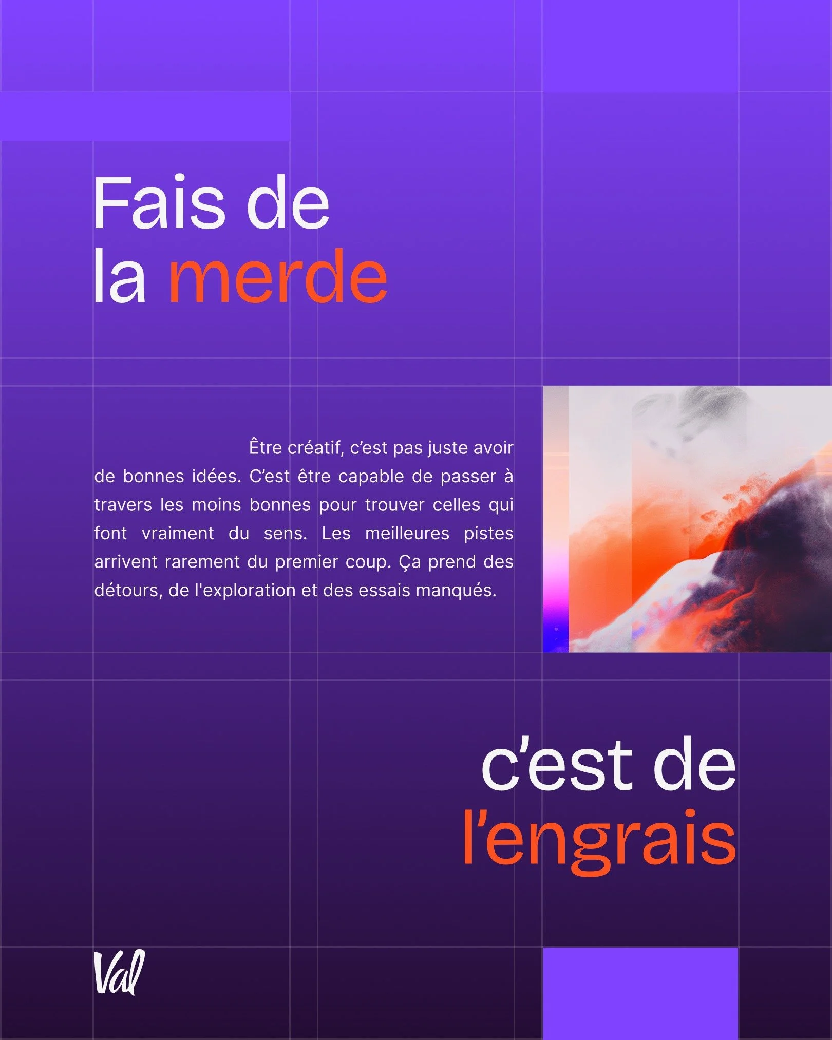 La plupart du temps, je pr&eacute;sente un seul concept.
Celui que je juge le plus pertinent. Le plus align&eacute;.
Celui qui transmet r&eacute;ellement le message souhait&eacute;.

&Ccedil;a ne veut pas dire que j'ai pris la premi&egrave;re id&eacu