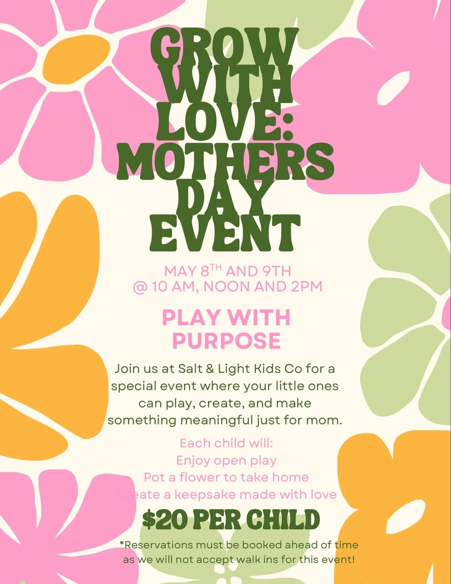 Give mom (or grandma) something she&rsquo;ll actually treasure 💐

Join us for our Mother&rsquo;s Day Play with Purpose Event where your littles can play, create, and make a meaningful keepsake made with love.

✨ Open play
🌸 Pot a flower to take hom
