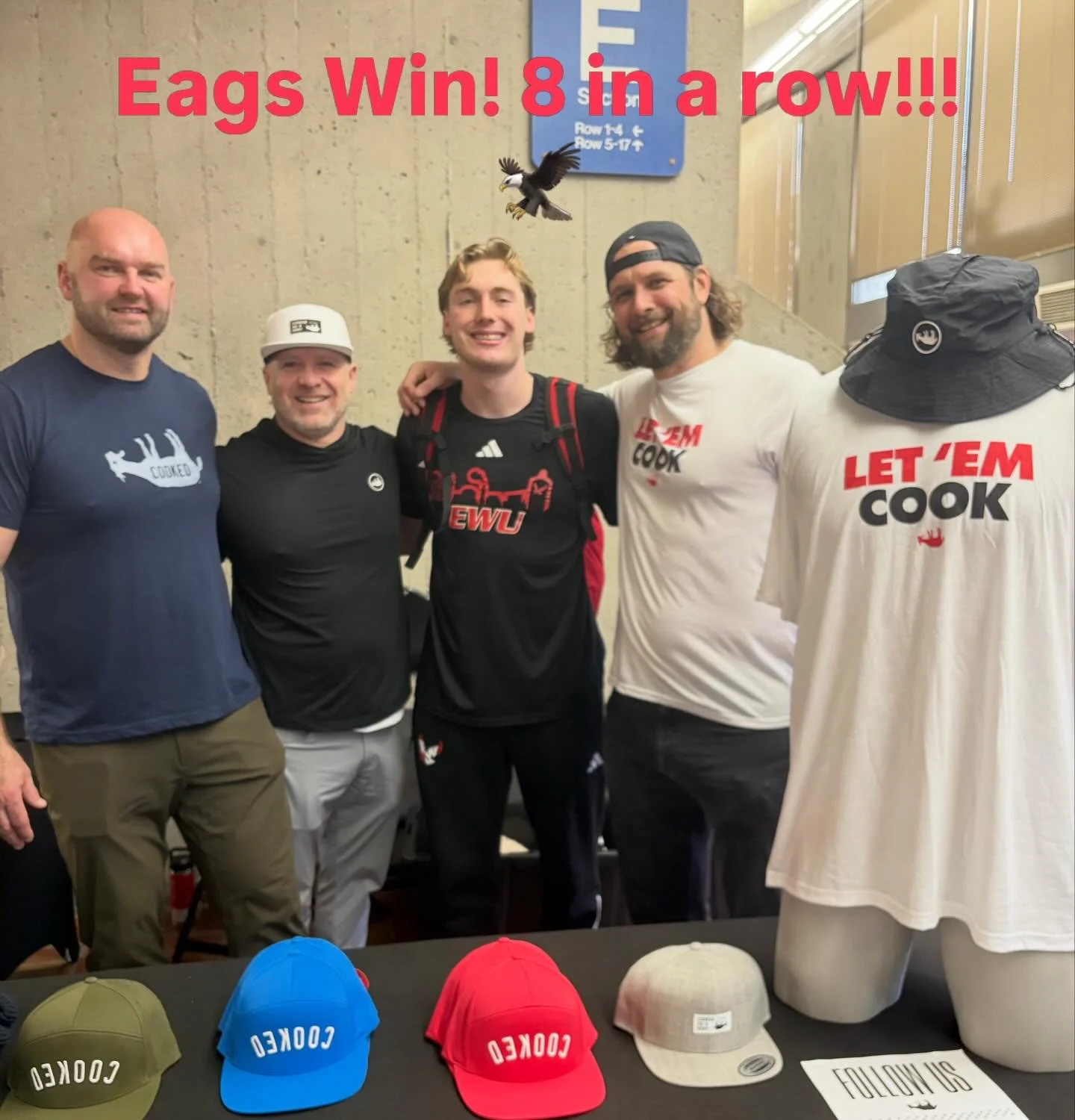 Eags win!!! 8 in a row! Great to have @andrewcoookie swing by the booth after! #cookedasagoat #goeags #letemcook