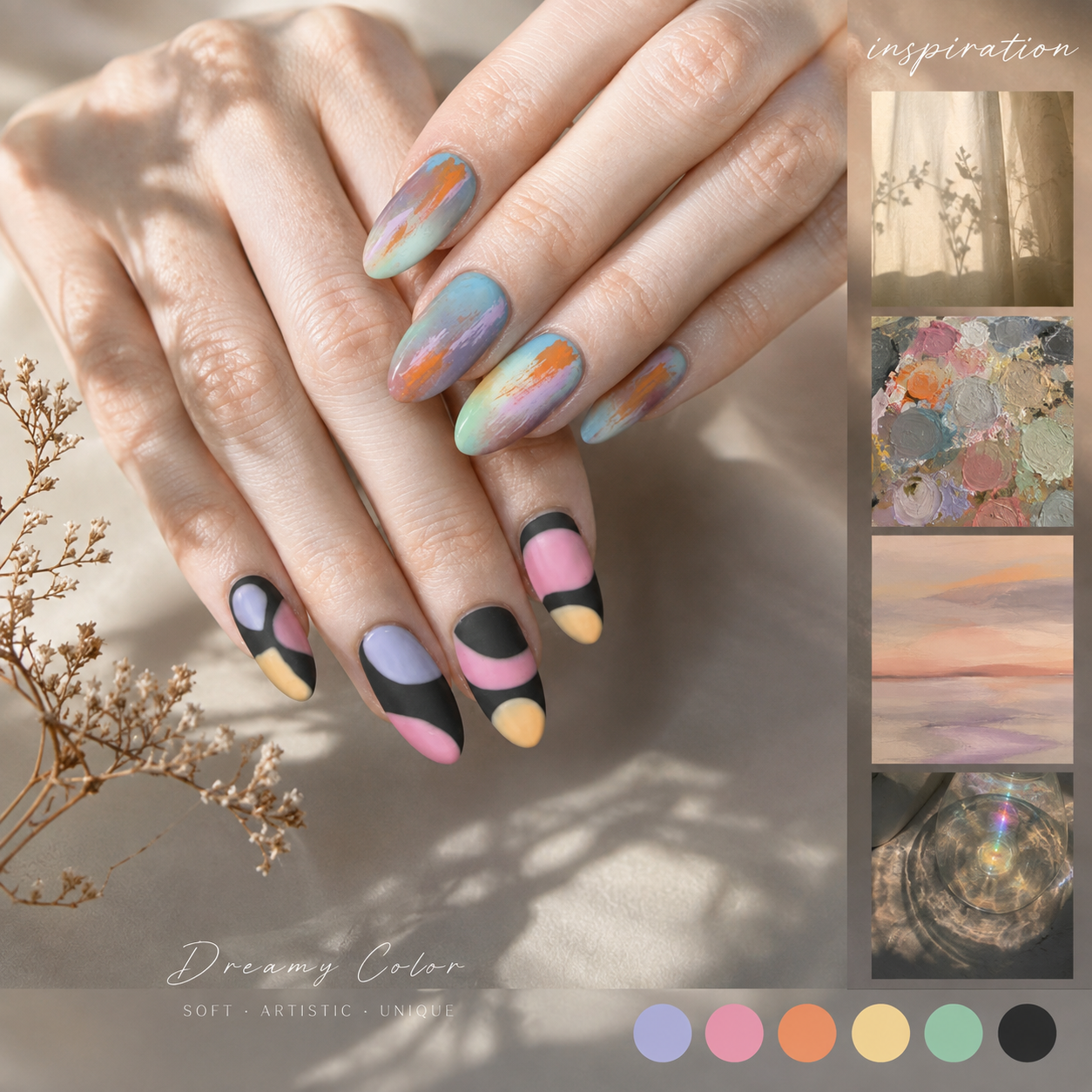Artistic pastel nail designs combining dreamy watercolor gradients, abstract color blocking, and modern geometric patterns.