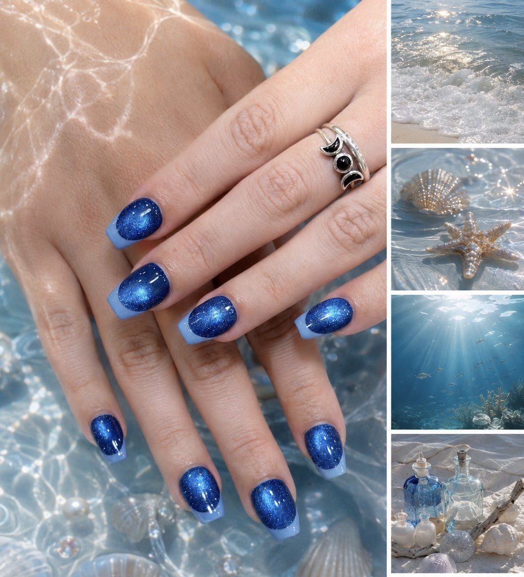 Blue galaxy-inspired nail art featuring celestial designs and shimmering details.