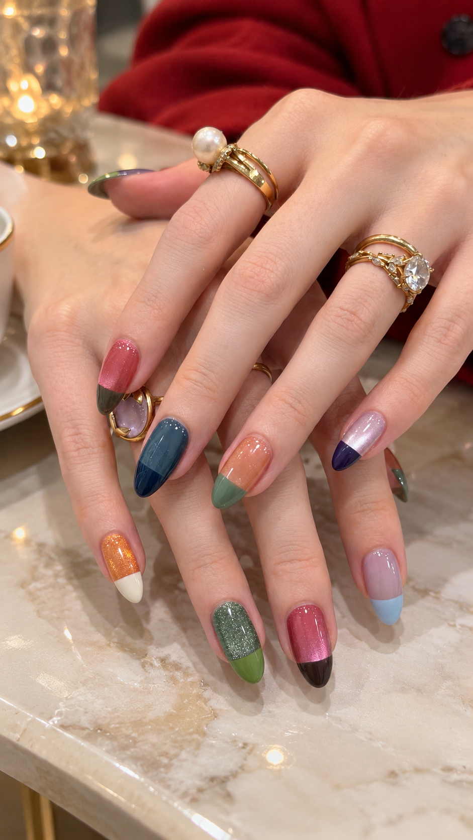 Colorful hand-painted nail art featuring creative patterns and gold accents.