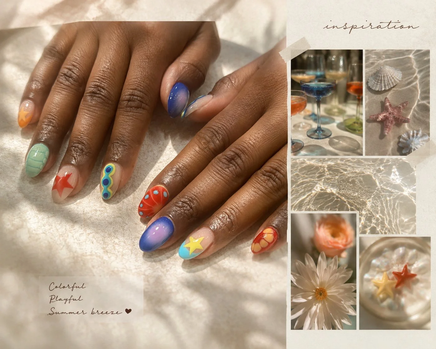 Playful Japanese gel nail art featuring colorful abstract patterns, pastel shades, and hand-painted designs.