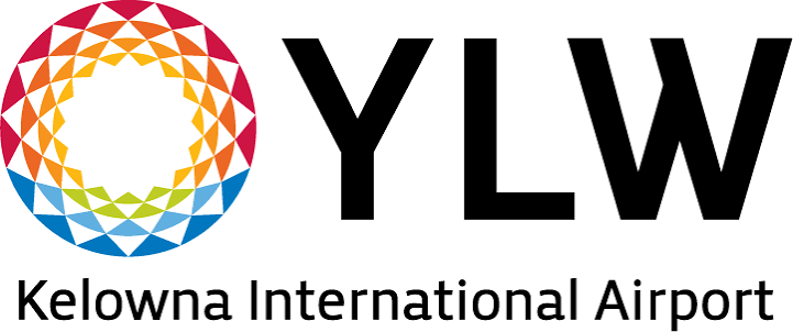 Logo of YLW Kelowna International Airport featuring a colorful circular geometric design and bold black letters