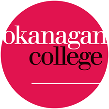 Okanagan College logo with a pink circle background and white and black lowercase text.
