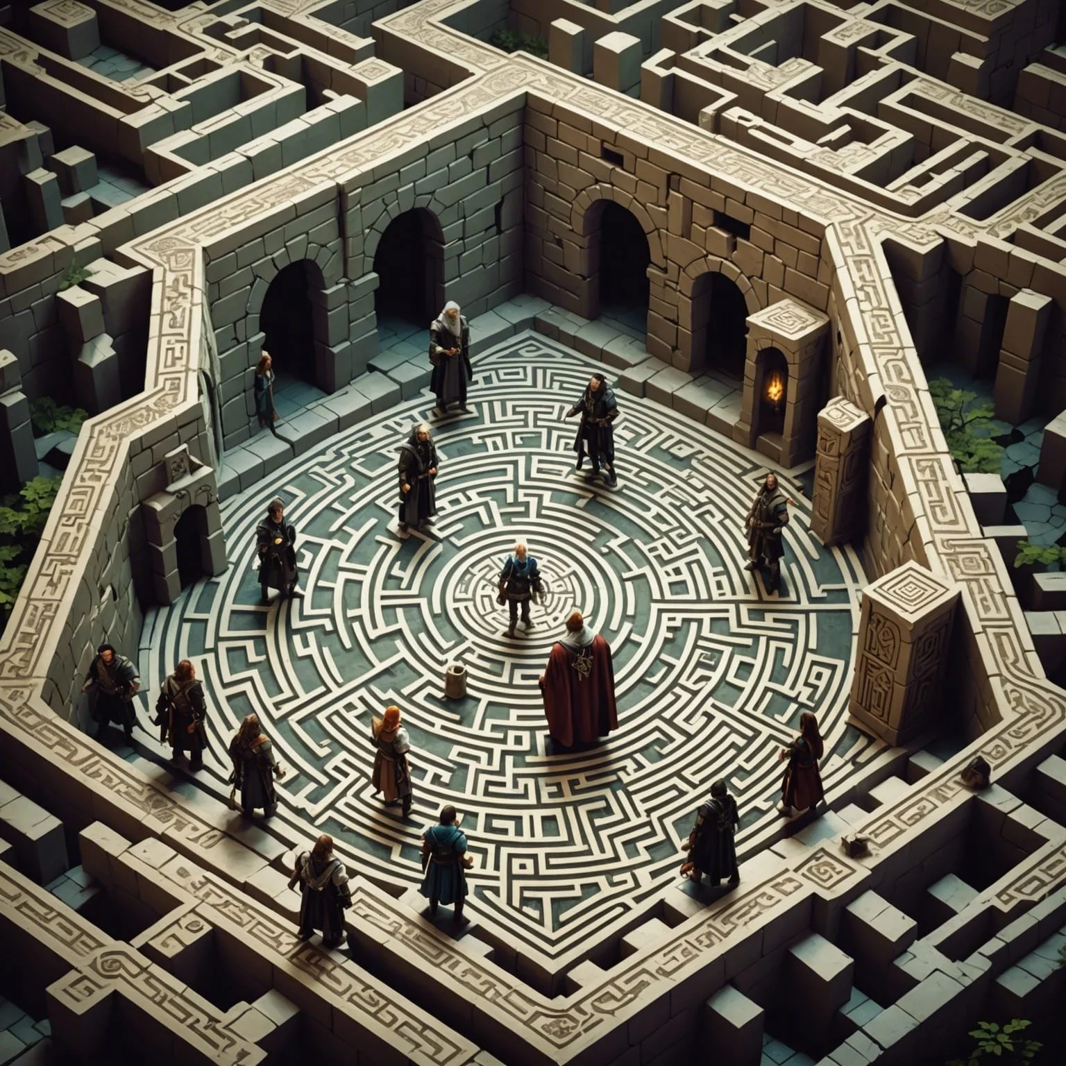 Miniature fantasy labyrinth with robed figures and detailed stone walls.