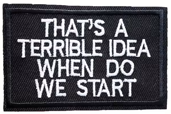 Humorous Iron-On Patch - 'That's A Terrible Idea When Do We Start'